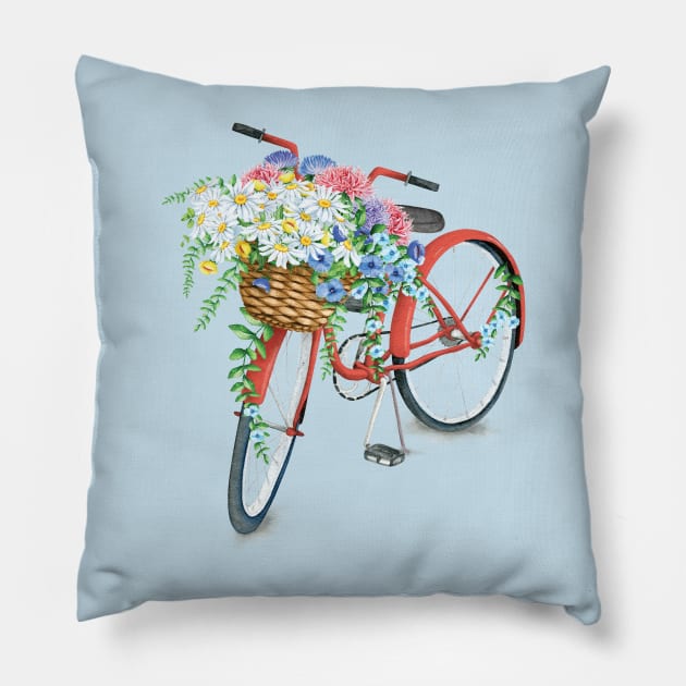 Vintage Red Bicycle With Flowers Pillow by susannefloe