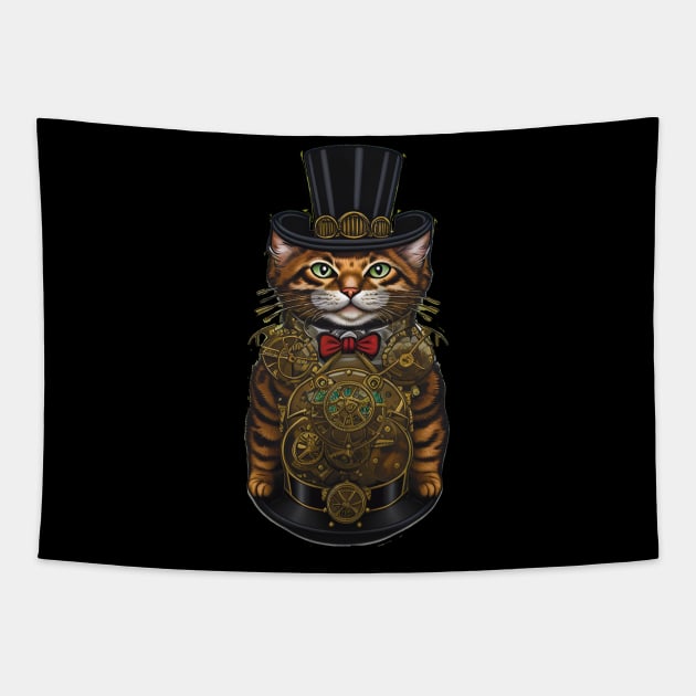 Steampunk Feline: Top Hat Cat with Mechanical Gears Tapestry by ImaginativeInkPOD