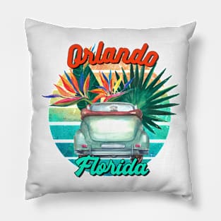 Orlando Florida Retro Sunset Vintage Car Graphic Design Pillow