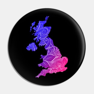 Colorful mandala art map of United Kingdom with text in blue and violet Pin