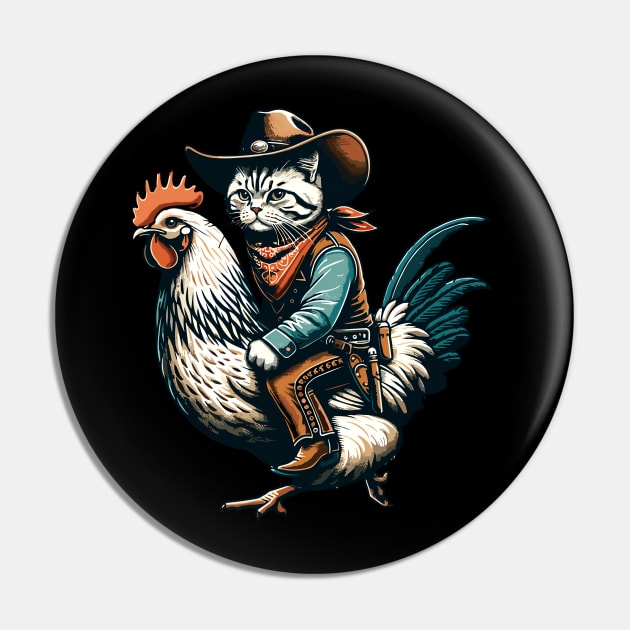 Meowdy Cat Riding Chicken Pin by VisionDesigner