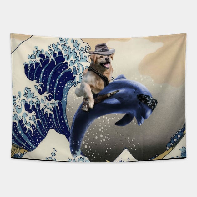 Golden Retriever Dog Riding Dolphin Great Wave Off Kanagawa Tapestry by Random Galaxy