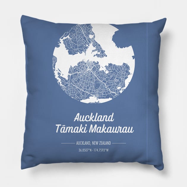 City map in blue: Auckland Tamaki Makaurau, New Zealand with retro vintage flair Pillow by AtlasMirabilis