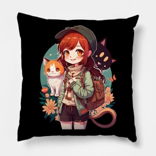 Cute Girl & Cats Kawaii Anime Orange and Black Cat Lovers Pillow