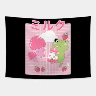 Kawaii Frog Strawberry Milk Frogs Cottagecore Tapestry