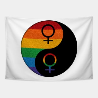 Rainbow Colored Lesbian Pride Yin and Yang with Female Gender Symbols Tapestry