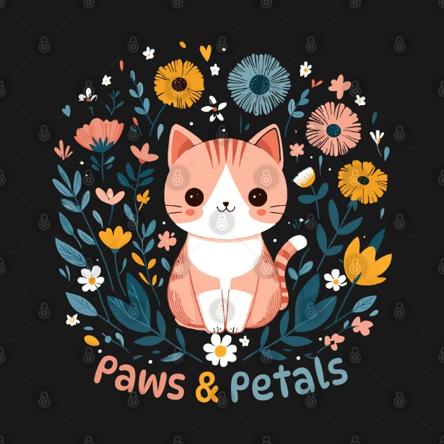 Paws and Petals | Cute smiley Kitty Cat in a Flower Garden | Cat lover design by Nora Liak