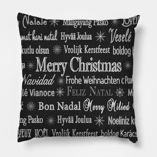 Merry Christmas In Different Languages Art Deco Pattern Design Pillow by Pattern Plans