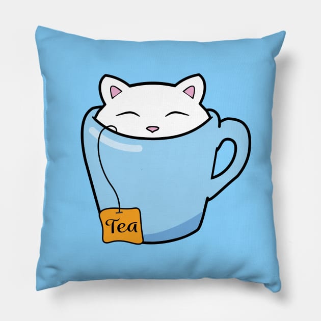 Cat in a blue cup of tea Pillow by Purrfect