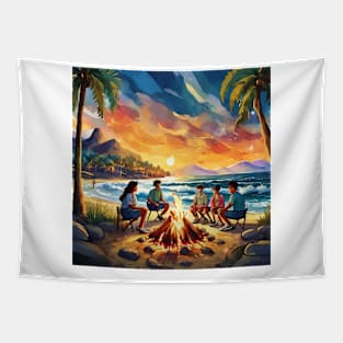 Vibrant Group of Friends sitting at Campfire in Sunset Tapestry