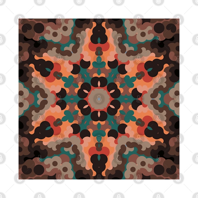 Retro Mandala Flower Orange Blue and Brown by WormholeOrbital