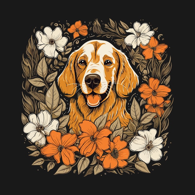 A Golden Retriever surrounded with Lilies, illustration by gezwaters