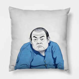 Old pensive asian man in blue shirt looking to side Pillow