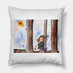 Girl with Kite whimsical watercolor and ink art Pillow
