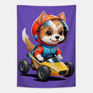 Cartoon Dog Driving a Race Car Tapestry