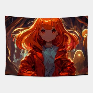 Orange hair anime girl in spooky spirit forest Tapestry