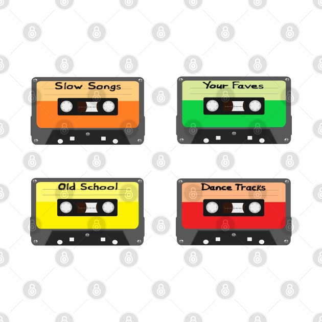 Mixtapes Pack. Set of Four Retro Cassette Mix Tapes in Vintage Colors. Slow Songs, Your Faves, Old School and Dance Tracks. (White Background) by Art By LM Designs 