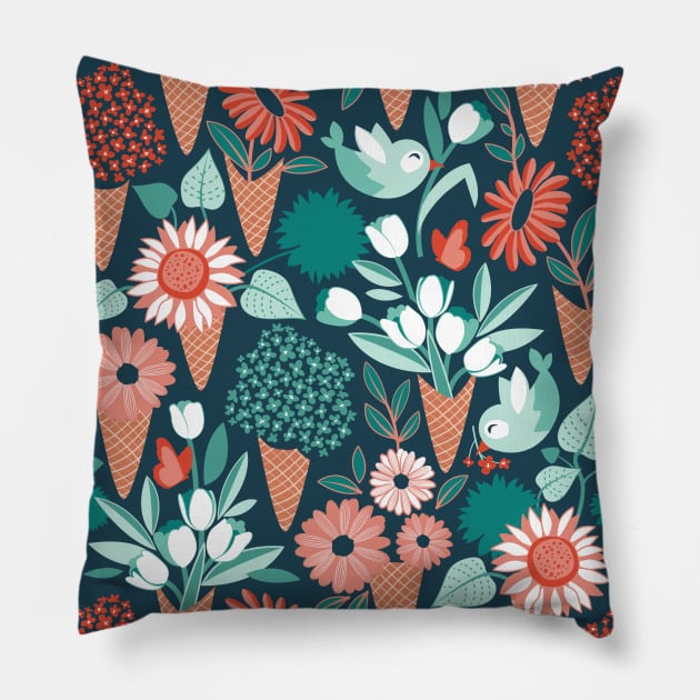 Midsummer I scream flower cones // pattern // green background green aqua and orange flowers bouquets Pillow by SelmaCardoso