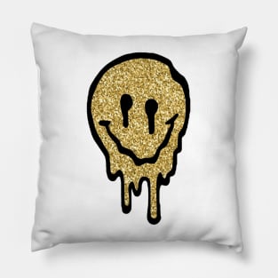 Gold Glitter Drippy Smiley Face Pillow