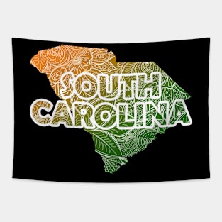 Colorful mandala art map of South Carolina with text in green and orange Tapestry