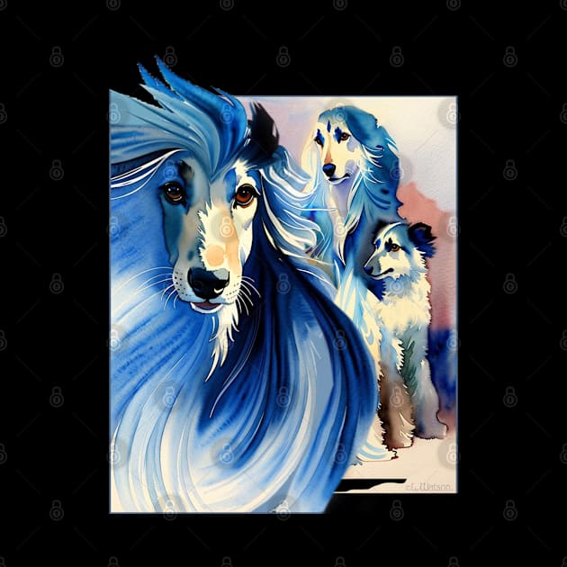 Afghan Hound Family. Watercolour in Blue. by chepea2