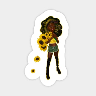 Anime Afro anime sunflower wielding warrior princess - beautiful girl with Afro hair, brown eyes and dark brown skin Magnet