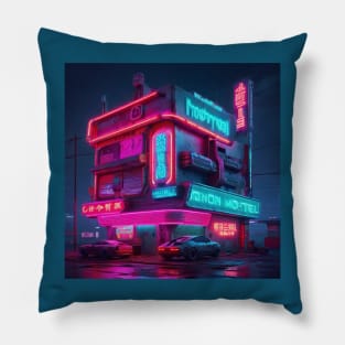 Roadside Motel in cyberpunk Pillow