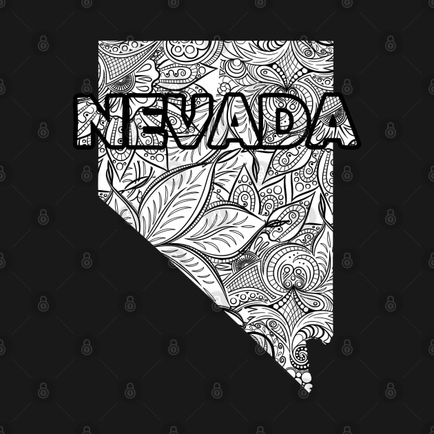 Mandala art map of Nevada with text in white by Happy Citizen