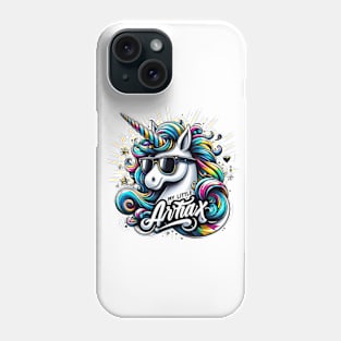 Whimsical unicorn illustration, cartoon style, playful mood, black style, wearing sunglasses, My little artax Phone Case