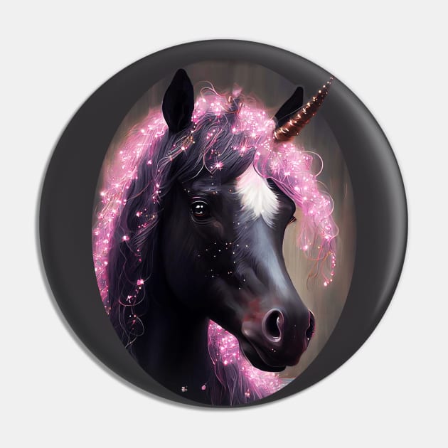 Unicorn Black and Pink Fairy Surreal Fantasy Creature Portrait Pin by BluedarkArt