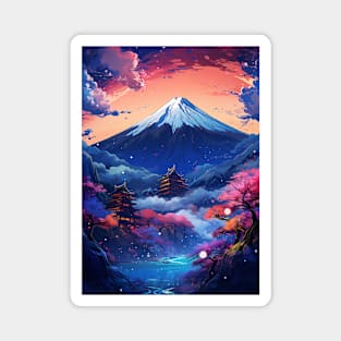 Japanese Landscape Mount Fuji Cherry Blossom Cyberpunk Magnet