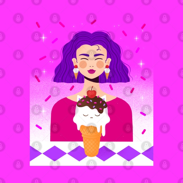 Happy girl with purple hair and kitty ice cream, version 1 by iulistration