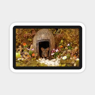 George the mouse in a log pile House at the door Magnet