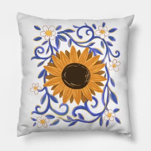 Yellow Sunflower Sunshine with Ornate Vines Pillow