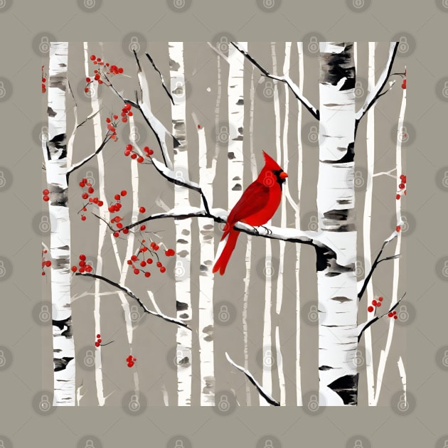 Minimalist Scandinavian Art Winter Birch Tree Red Cardinal by Tina