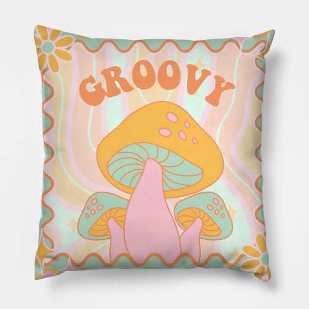 Retro Groovy Quote with Mushrooms and Flowers Pillow by LisaHartjesx