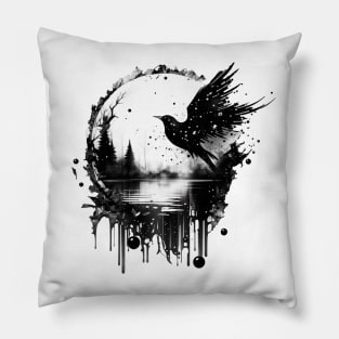 Monochrome Mystique: Ink Splatter Raven in Round Shadow Box Pillow