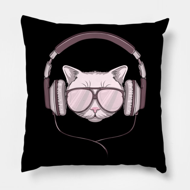 Cat with Sunglasses and Headphone Pillow by Markus Schnabel