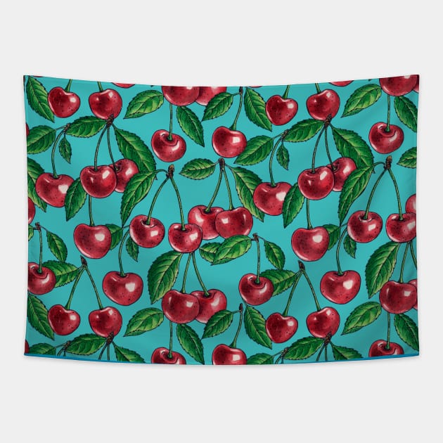 Red cherries on turquoise Tapestry by katerinamk