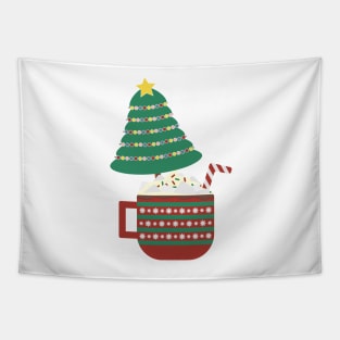 Decorated Christmas tree in a large Red Green mug with hot cocoa, whipped cream, marshmallow and striped candy cane Tapestry