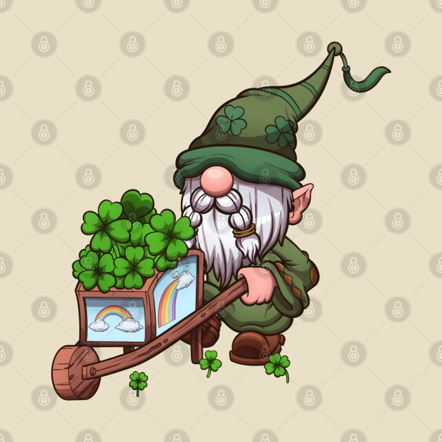 St Patrick’s Day Gnome With Wheelbarrow Carrying Four-Leaf Clovers by TheMaskedTooner