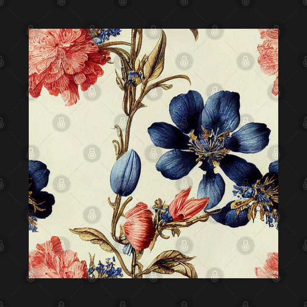 Peach Red and Blue Floral Design on Off White Ivory Background by VintageFlorals