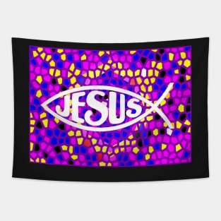 JESUS FISH ICHTHYS PURPLE STAINED GLASS WINDOW Tapestry