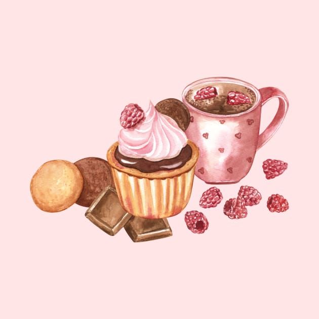 Cupcake and hot chocolate watercolor by Flowersforbear