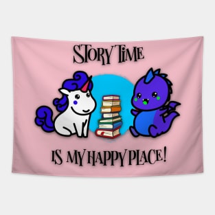 “Story Time Is My Happy Place” Chibi Unicorn & Dragon Tapestry