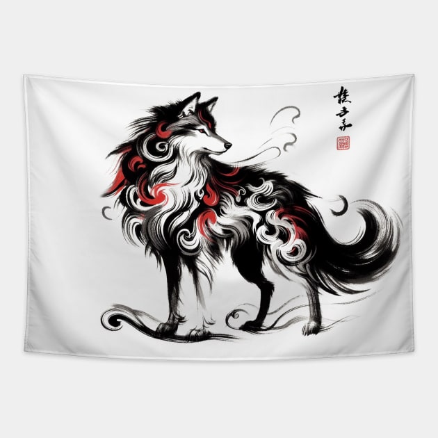 Chinese Style Ink Wolf Tapestry by T-Shirt Paradise