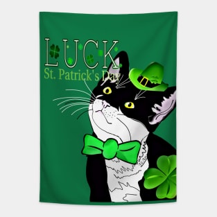Happy St Patrick's Day from Cute Tuxedo Cat Copyright TeAnne Tapestry