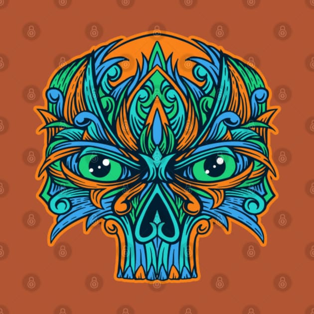 Orange and blue skull ornament by Rakos_merch