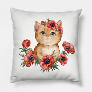 Ginger kitten with anemone wreath Pillow