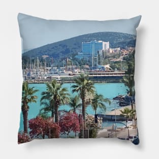 Beautiful photography of ocean, palm trees and blue sky Pillow